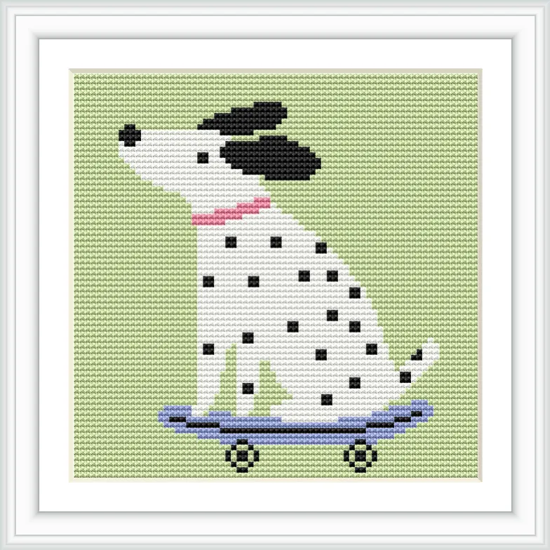 A white dog with black spots is sitting on a blue skateboard against a light green background.