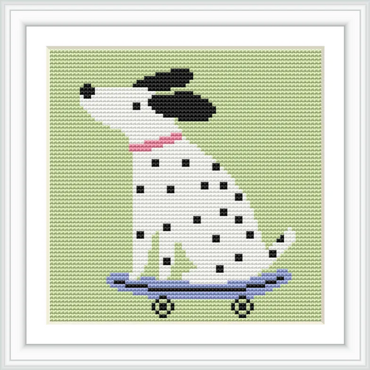 A white dog with black spots is sitting on a blue skateboard against a light green background.
