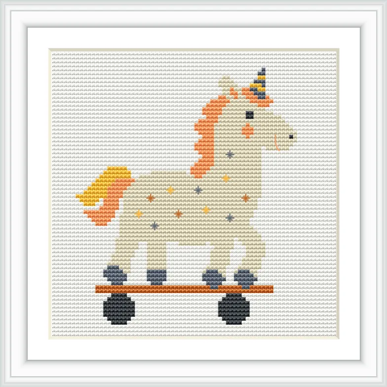 The image features a unicorn with an orange mane and tail, decorated with small star patterns. It stands on a skateboard with black wheels and an orange board.