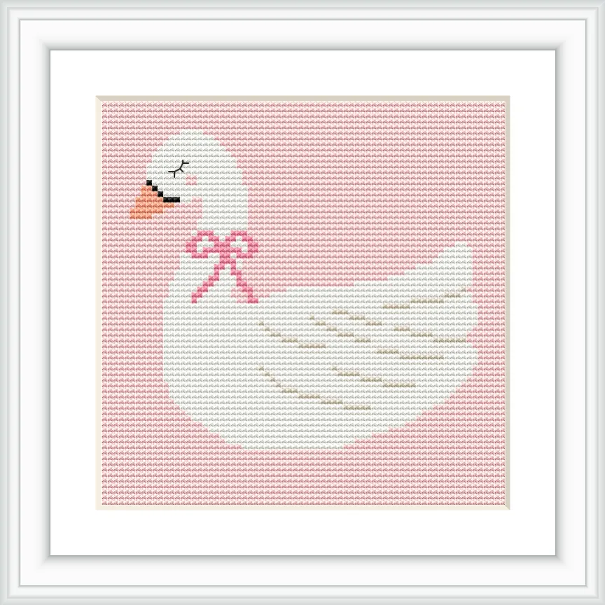 The image shows a white swan adorned with a pink ribbon around its neck, positioned against a soft pink background.