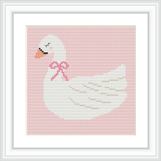 The image shows a white swan adorned with a pink ribbon around its neck, positioned against a soft pink background.