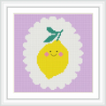 A cross stitch of a smiling lemon with pink cheeks and green leaves, centered on a white scalloped background, set against a lavender square.