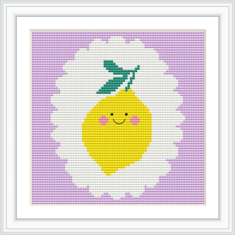 A cross stitch of a smiling lemon with pink cheeks and green leaves, centered on a white scalloped background, set against a lavender square.