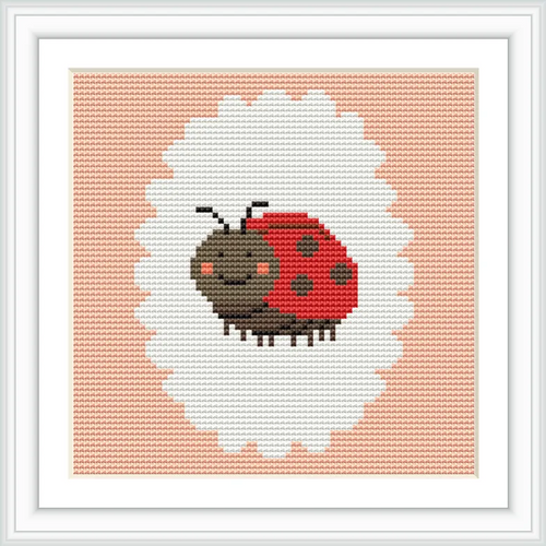 A central ladybug with a red shell and black spots rests within a white scalloped circle, surrounded by a peach background.