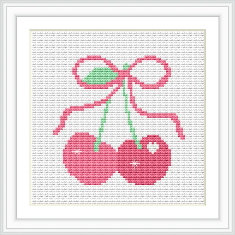 The image displays two pink cherries with a green stem, tied together with a pink bow. The cherries have small sparkles and are centered in the design.