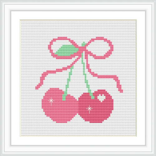 The image displays two pink cherries with a green stem, tied together with a pink bow. The cherries have small sparkles and are centered in the design.