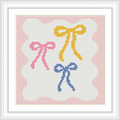 The image features three bows in yellow, pink, and blue on a white background with a wavy pink border.