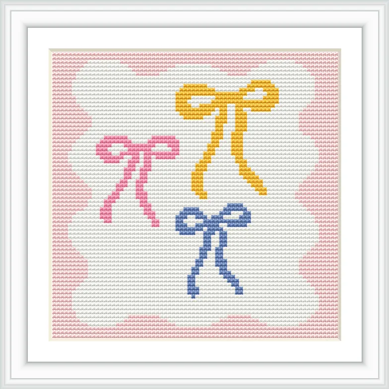 The image features three bows in yellow, pink, and blue on a white background with a wavy pink border.