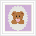 A brown teddy bear is situated in the center, hugging a pink heart, set against a white circular background, with a lavender backdrop.
