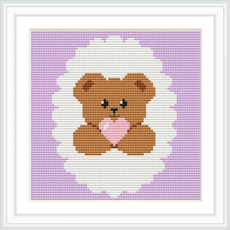 A brown teddy bear is situated in the center, hugging a pink heart, set against a white circular background, with a lavender backdrop.