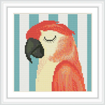 The image portrays a large macaw with its eyes closed, positioned at the center, against a background of vertical teal and white stripes.