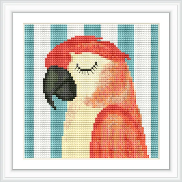 The image portrays a large macaw with its eyes closed, positioned at the center, against a background of vertical teal and white stripes.