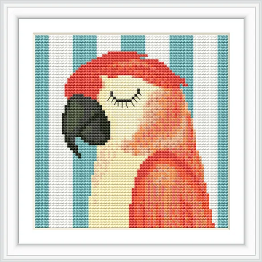 The image portrays a large macaw with its eyes closed, positioned at the center, against a background of vertical teal and white stripes.