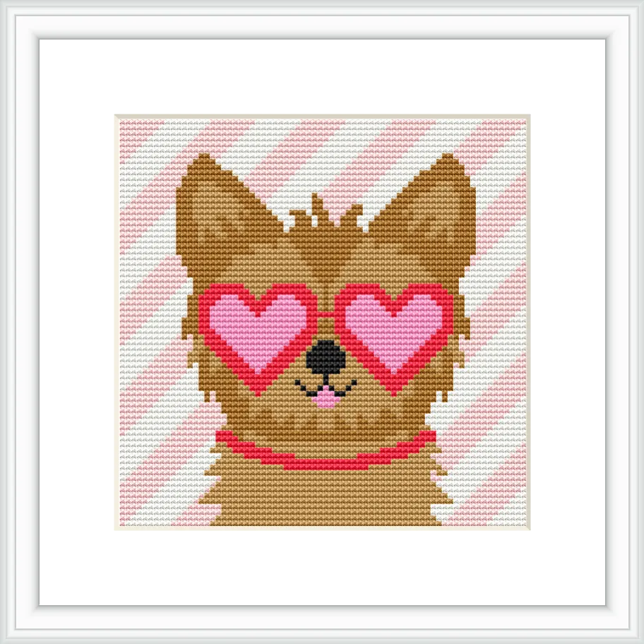 A brown Yorkie dog wearing pink heart-shaped glasses is centered on a background of diagonal pink and white stripes.