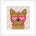 A brown Yorkie dog wearing pink heart-shaped glasses is centered on a background of diagonal pink and white stripes.