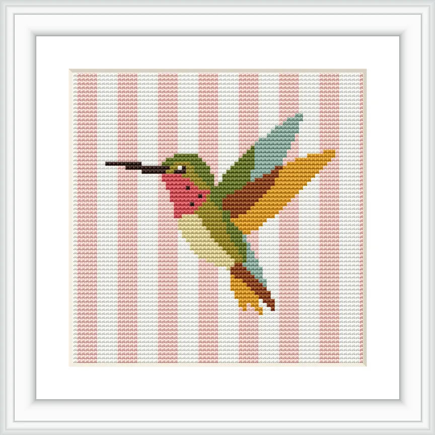 A colorful hummingbird in mid-flight set against a background of pink and white vertical stripes.