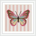 The image shows a large, symmetrical pink butterfly with hints of green and brown, centered on a light background with vertical pink stripes.