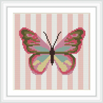 The image shows a large, symmetrical pink butterfly with hints of green and brown, centered on a light background with vertical pink stripes.