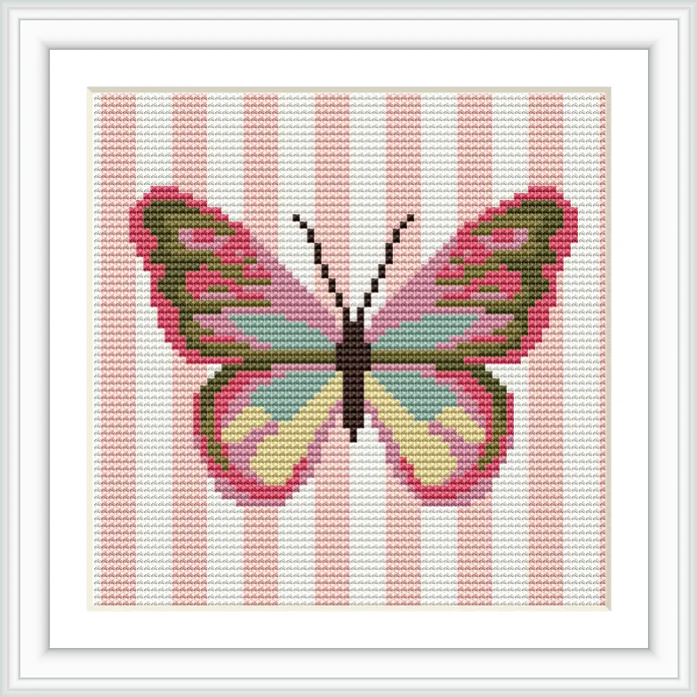 The image shows a large, symmetrical pink butterfly with hints of green and brown, centered on a light background with vertical pink stripes.