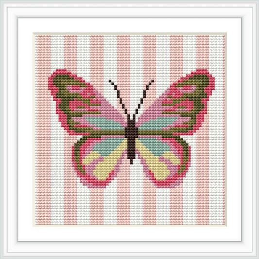 The image shows a large, symmetrical pink butterfly with hints of green and brown, centered on a light background with vertical pink stripes.