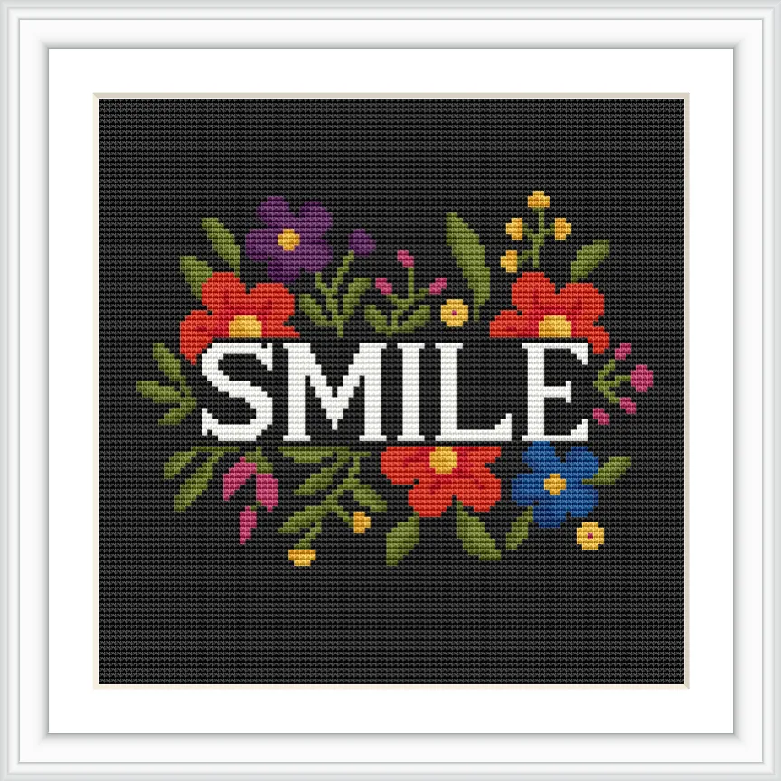 A black background highlights colorful flowers surrounding the text 'SMILE' in white.