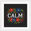 The image features the word 'CALM' in bold, surrounded by colorful flowers and green leaves, set against a black background.
