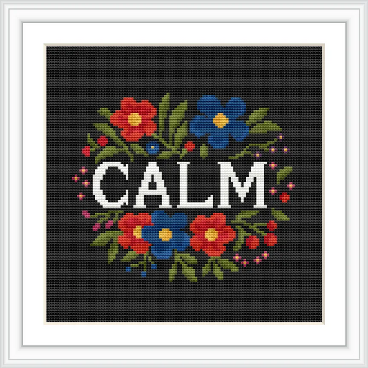 The image features the word 'CALM' in bold, surrounded by colorful flowers and green leaves, set against a black background.