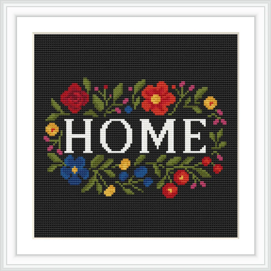 The image features the word 'HOME' in white capital letters, surrounded by a colorful array of red, yellow, blue, and green floral designs on a dark background, all enclosed within a white frame.