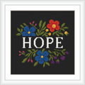 A central word 'Hope' surrounded by colorful flowers, with green leaves extending around them, set against a dark background.