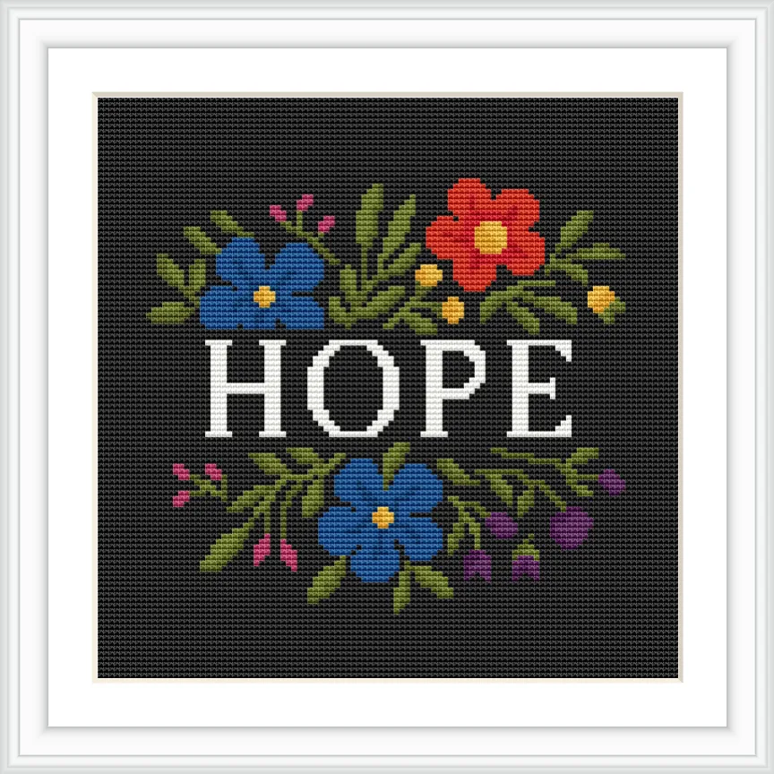 A central word 'Hope' surrounded by colorful flowers, with green leaves extending around them, set against a dark background.