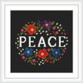 The design features the word 'PEACE' in large, bold letters at the center, encircled by a symmetrical arrangement of flowers in various bright colors, set against a dark background.