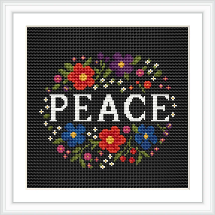 The design features the word 'PEACE' in large, bold letters at the center, encircled by a symmetrical arrangement of flowers in various bright colors, set against a dark background.