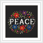 The design features the word 'PEACE' in large, bold letters at the center, encircled by a symmetrical arrangement of flowers in various bright colors, set against a dark background.