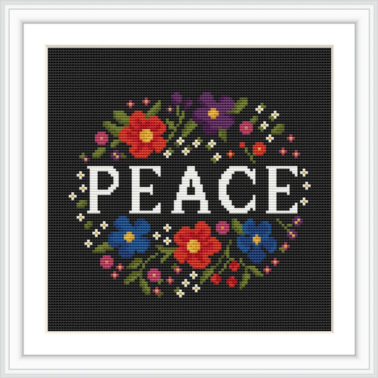 The design features the word 'PEACE' in large, bold letters at the center, encircled by a symmetrical arrangement of flowers in various bright colors, set against a dark background.