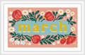 The image features the word 'march' in the center, surrounded by illustrated flowers and foliage. The colors are predominantly pink, green, yellow, and blue, arranged in a rectangular format.