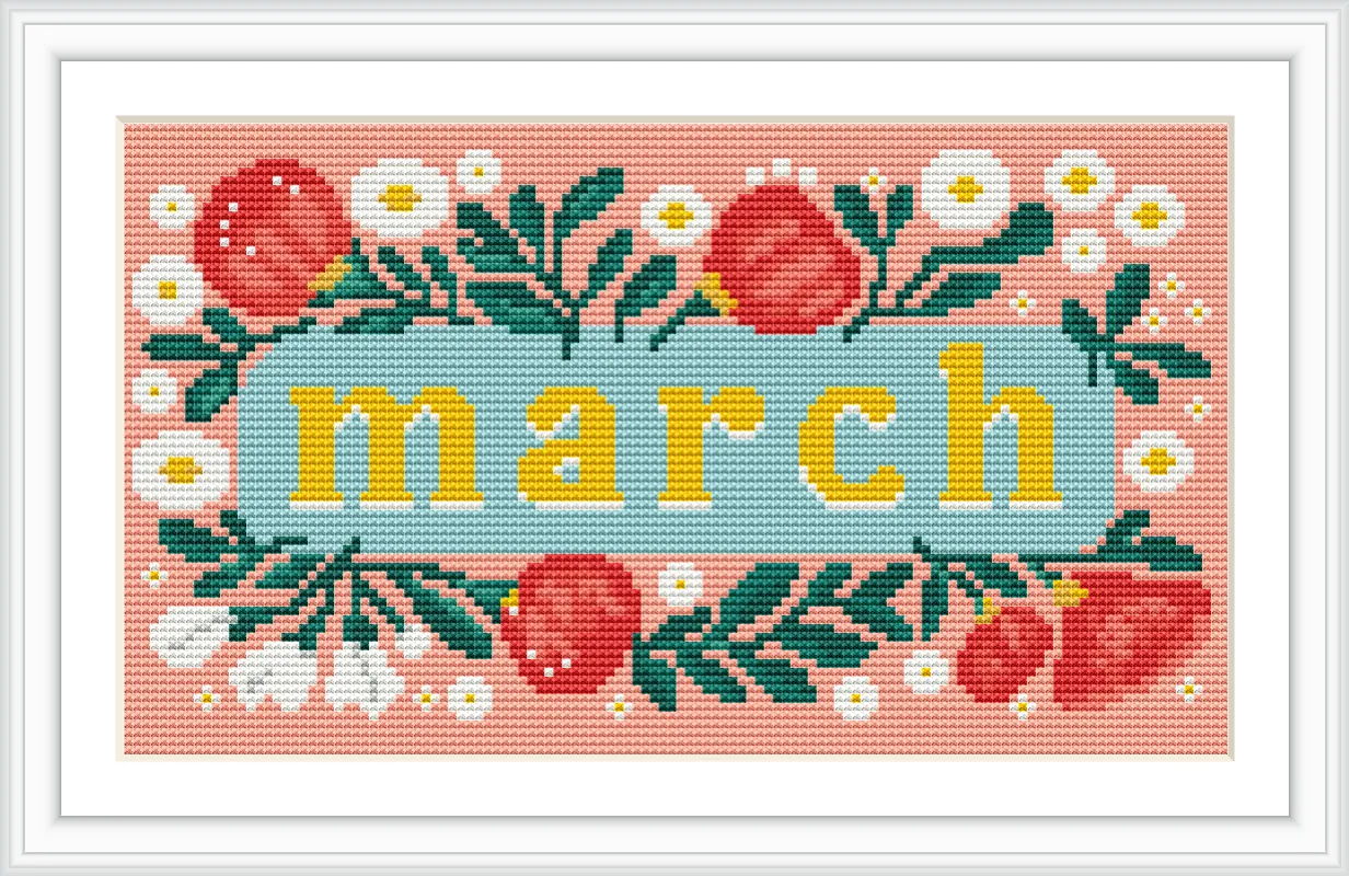 The image features the word 'march' in the center, surrounded by illustrated flowers and foliage. The colors are predominantly pink, green, yellow, and blue, arranged in a rectangular format.
