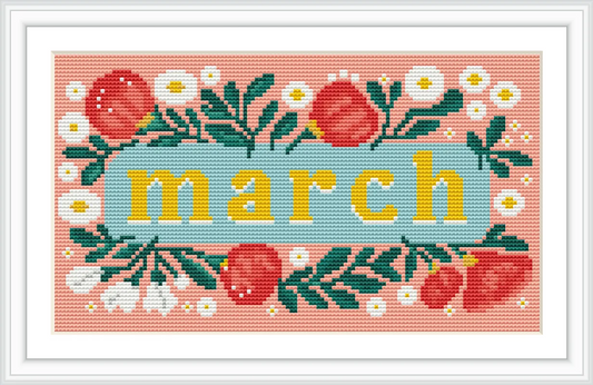 The image features the word 'march' in the center, surrounded by illustrated flowers and foliage. The colors are predominantly pink, green, yellow, and blue, arranged in a rectangular format.