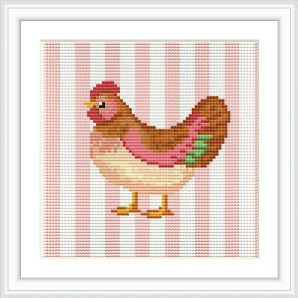 The image features a colorful hen centered on a striped pink and white background, framed with a white border.