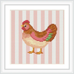 The image features a colorful hen centered on a striped pink and white background, framed with a white border.