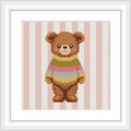The image depicts a cute bear wearing a striped sweater in pastel colors, standing happily against a background of pink and white vertical stripes.