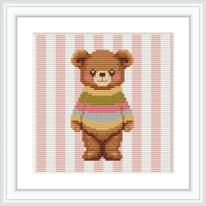 The image depicts a cute bear wearing a striped sweater in pastel colors, standing happily against a background of pink and white vertical stripes.