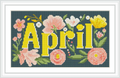 The image features the word 'April' in bold yellow letters surrounded by various pink, white, and yellow flowers with green leaves, set against a dark blue background.
