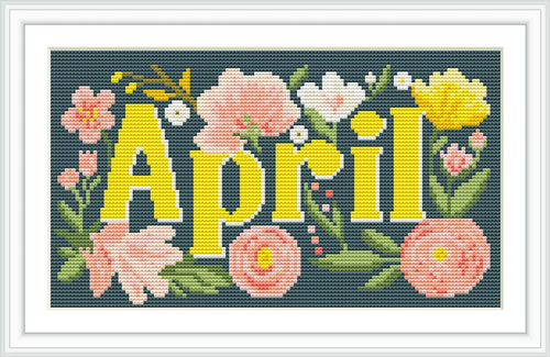 The image features the word 'April' in bold yellow letters surrounded by various pink, white, and yellow flowers with green leaves, set against a dark blue background.