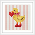 A yellow duck is centered in the image, standing on two red boots. It holds a red heart and wears a pink bow on its neck. The background consists of vertical pink and white stripes.