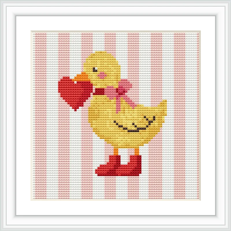 A yellow duck is centered in the image, standing on two red boots. It holds a red heart and wears a pink bow on its neck. The background consists of vertical pink and white stripes.