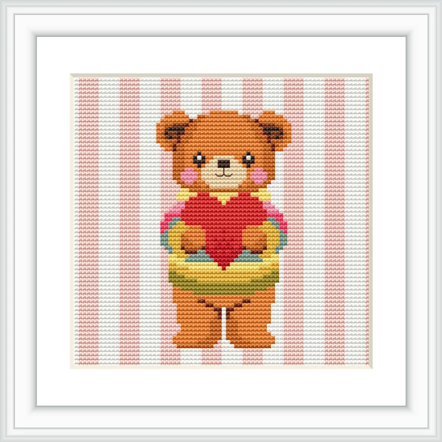 The scene features a cute bear standing on two legs, holding a large red heart. The background consists of pink and white vertical stripes.