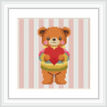 The scene features a cute bear standing on two legs, holding a large red heart. The background consists of pink and white vertical stripes.