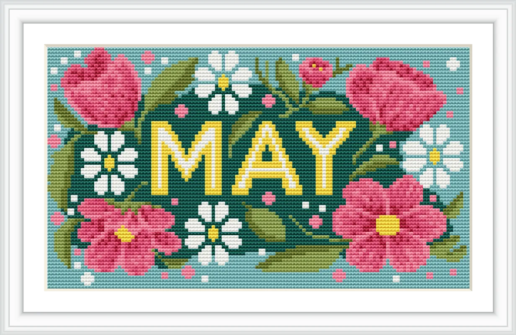 The image shows vibrant pink and white flowers surrounding bold yellow letters spelling 'MAY', set against a blue background.