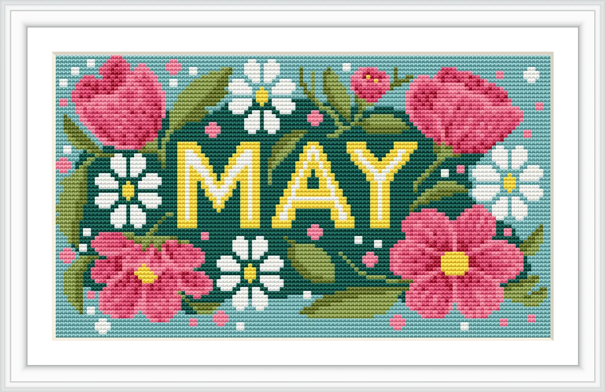 The image shows vibrant pink and white flowers surrounding bold yellow letters spelling 'MAY', set against a blue background.