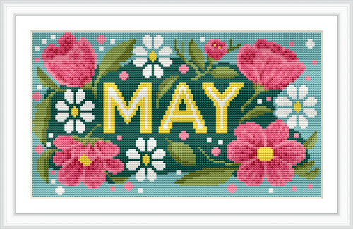 The image shows vibrant pink and white flowers surrounding bold yellow letters spelling 'MAY', set against a blue background.